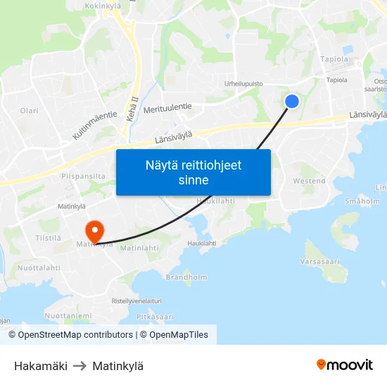 Hakamäki to Matinkylä map