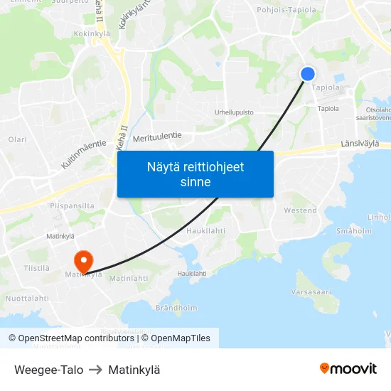 Weegee-Talo to Matinkylä map