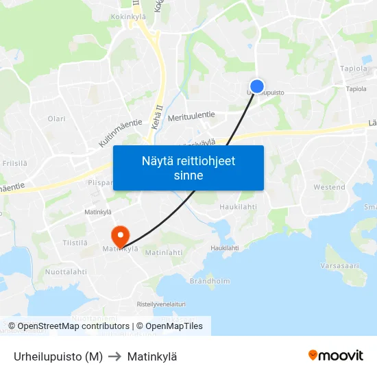 Urheilupuisto (M) to Matinkylä map