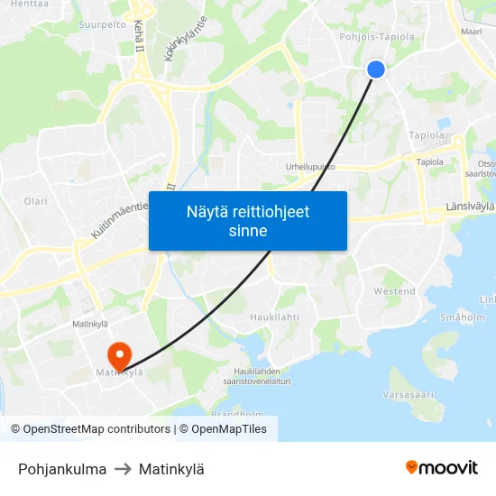 Pohjankulma to Matinkylä map