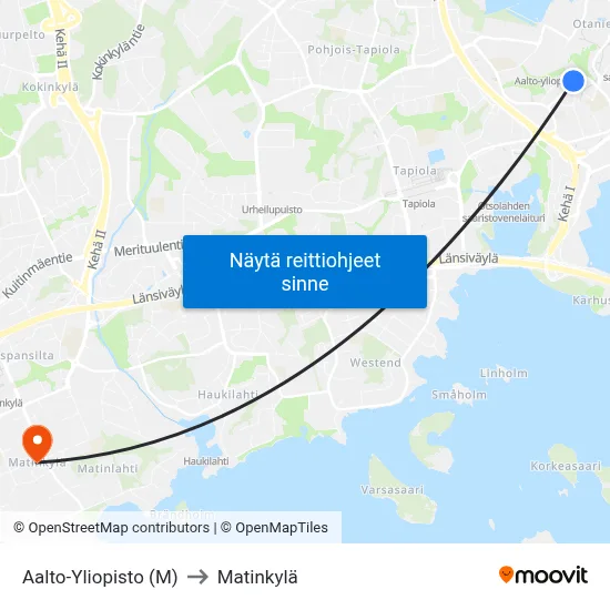 Aalto-Yliopisto (M) to Matinkylä map