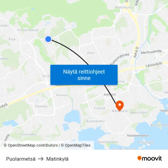 Puolarmetsä to Matinkylä map