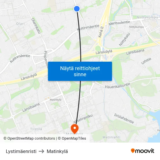 Lystimäenristi to Matinkylä map