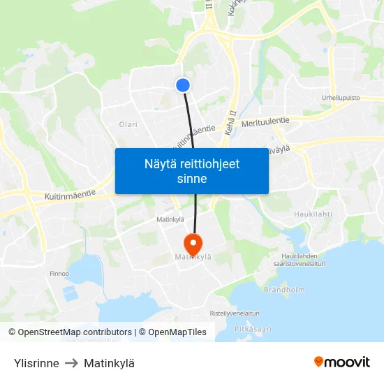 Ylisrinne to Matinkylä map