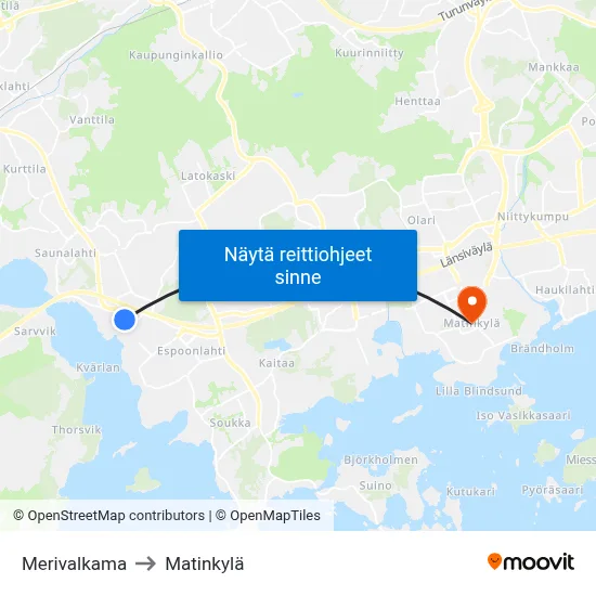 Merivalkama to Matinkylä map