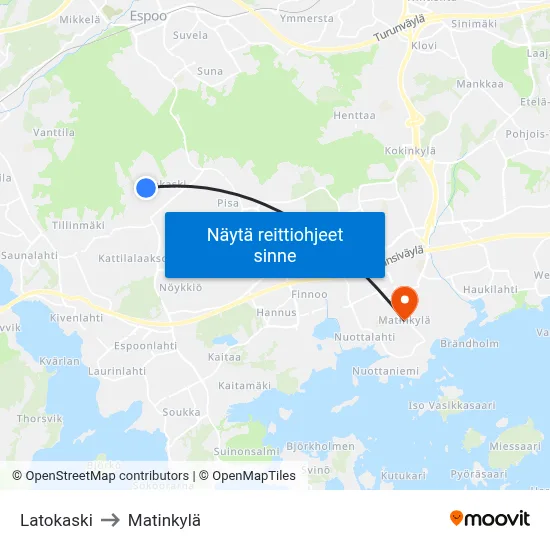 Latokaski to Matinkylä map