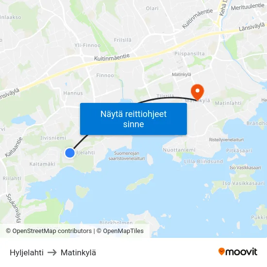 Hyljelahti to Matinkylä map