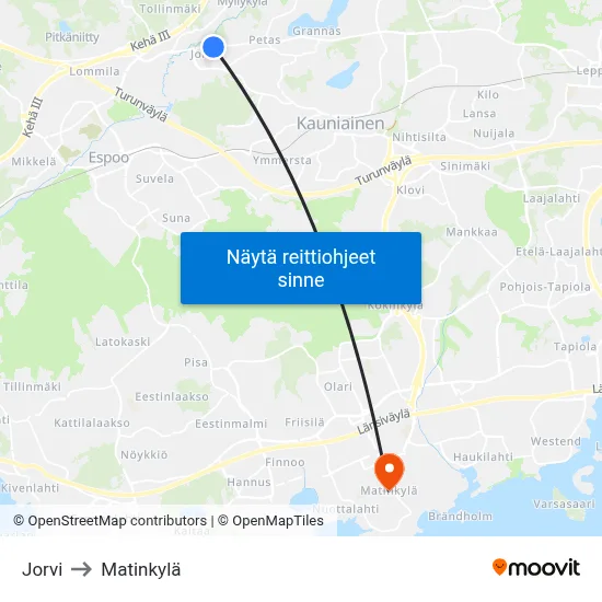 Jorvi to Matinkylä map