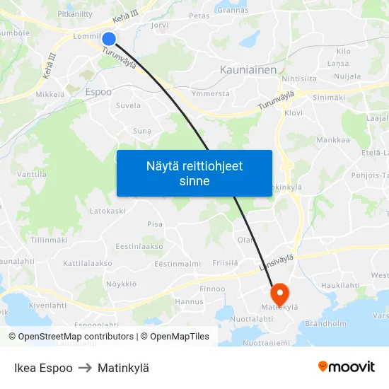 Ikea Espoo to Matinkylä map