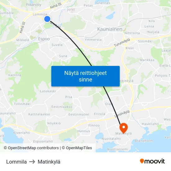 Lommila to Matinkylä map