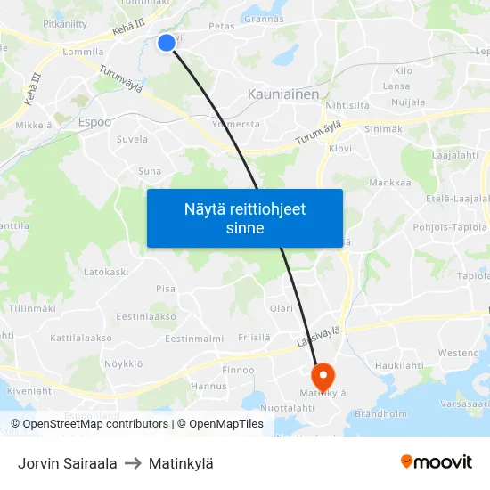 Jorvin Sairaala to Matinkylä map
