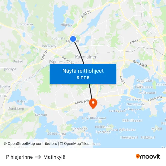 Pihlajarinne to Matinkylä map