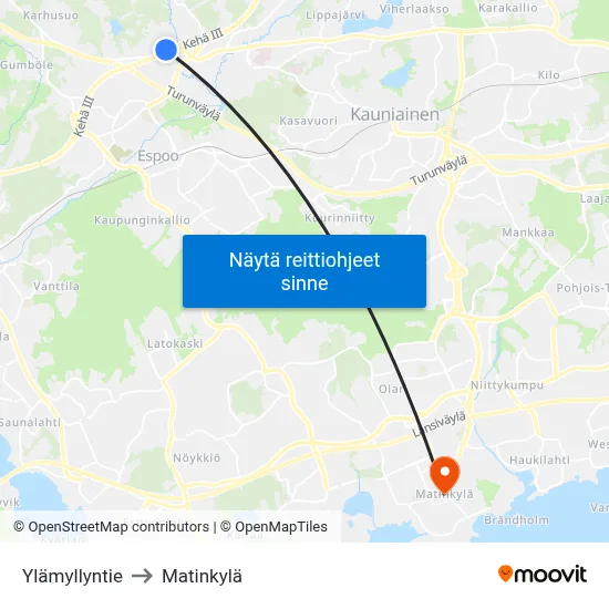 Ylämyllyntie to Matinkylä map