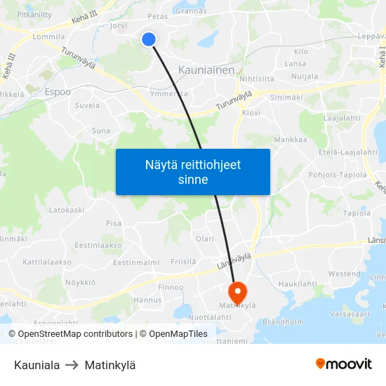 Kauniala to Matinkylä map