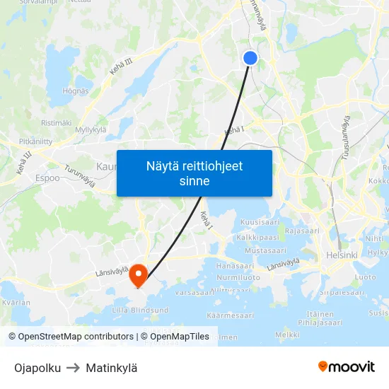 Ojapolku to Matinkylä map
