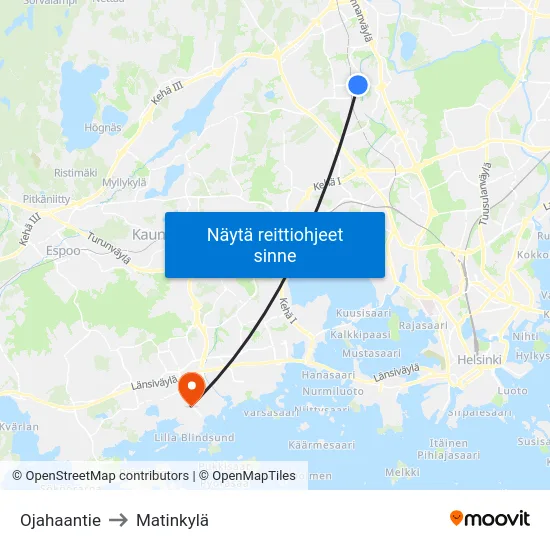 Ojahaantie to Matinkylä map