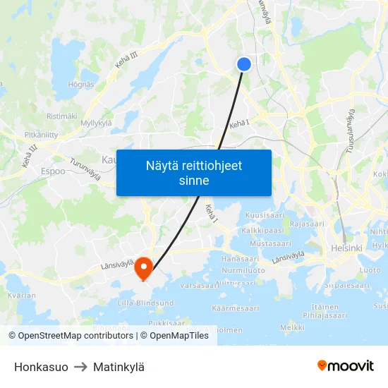 Honkasuo to Matinkylä map