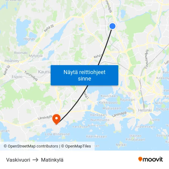 Vaskivuori to Matinkylä map