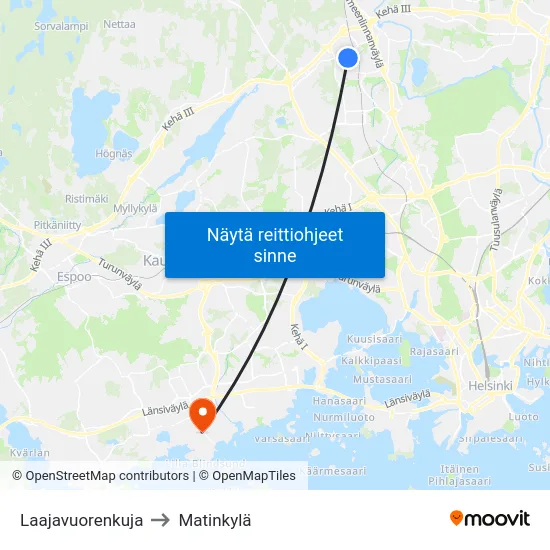 Laajavuorenkuja to Matinkylä map