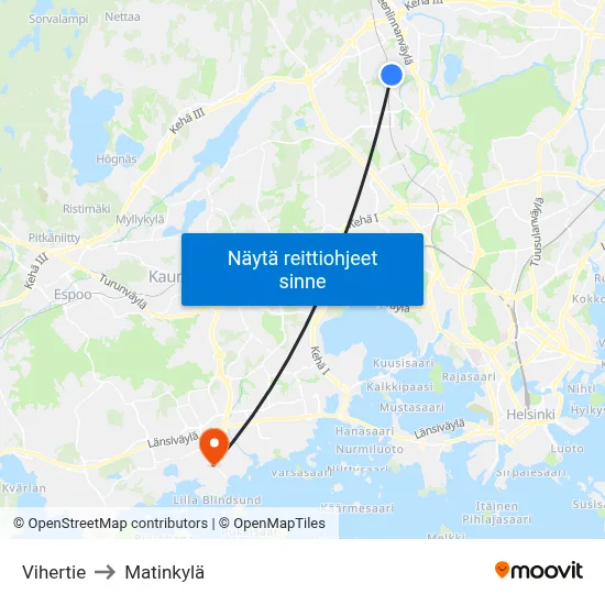 Vihertie to Matinkylä map