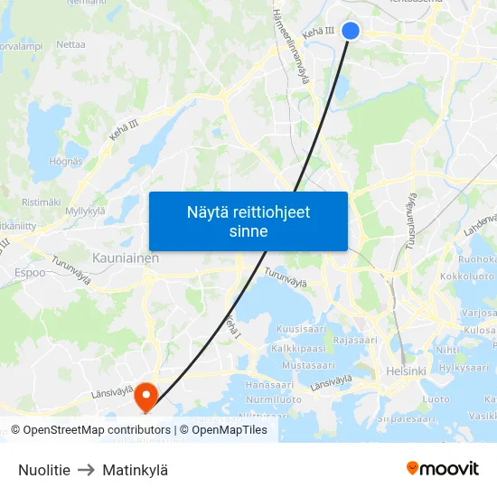 Nuolitie to Matinkylä map