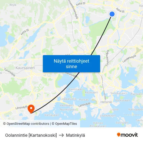 Oolannintie [Kartanokoski] to Matinkylä map