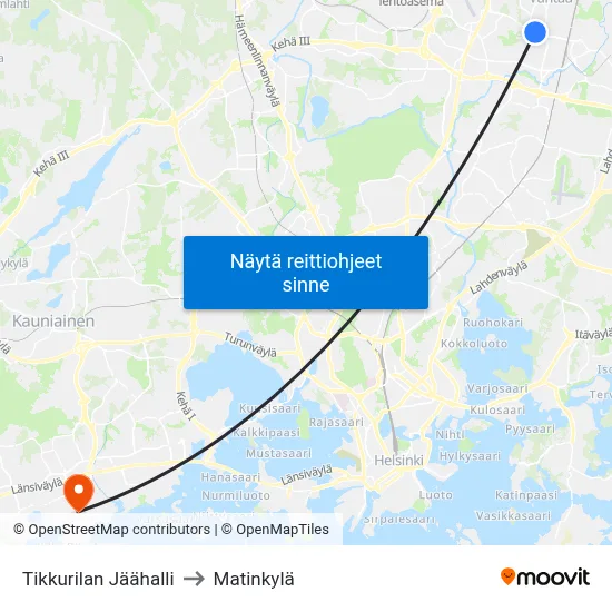 Tikkurilan Jäähalli to Matinkylä map