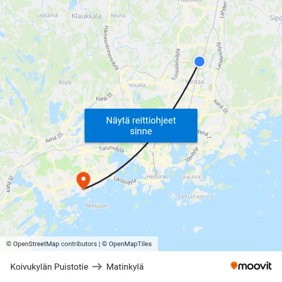 Koivukylän Puistotie to Matinkylä map