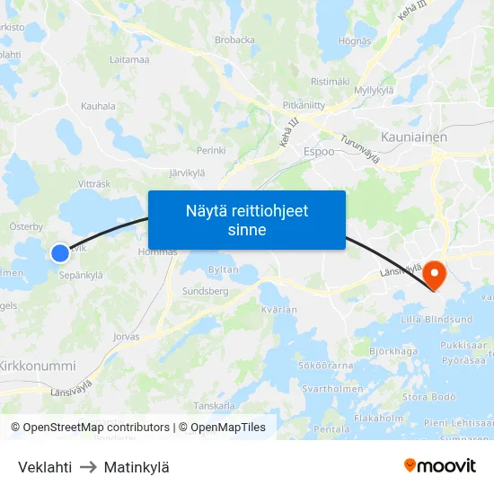 Veklahti to Matinkylä map