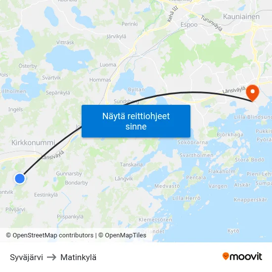 Syväjärvi to Matinkylä map