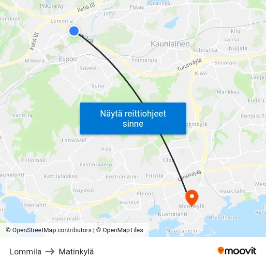 Lommila to Matinkylä map