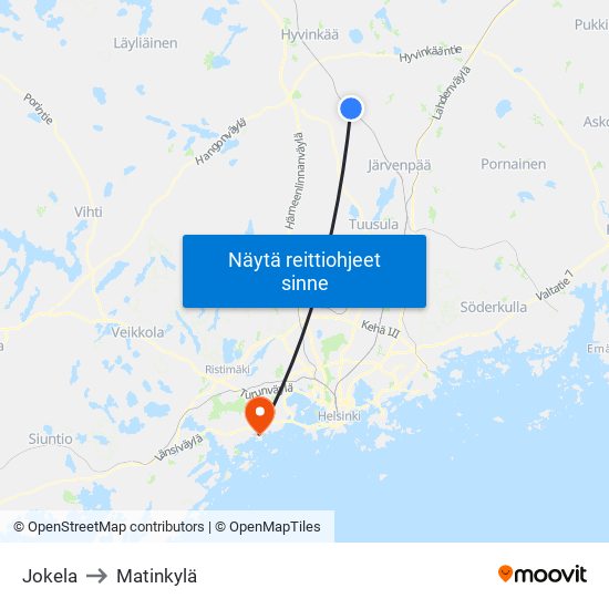 Jokela to Matinkylä map