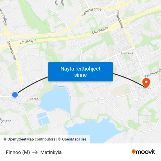 Finnoo (M) to Matinkylä map
