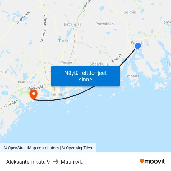 Aleksanterinkatu 9 to Matinkylä map