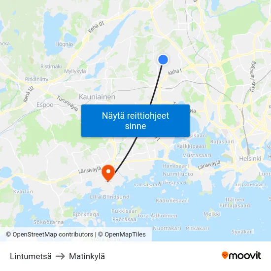 Lintumetsä to Matinkylä map