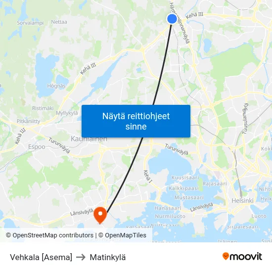 Vehkala [Asema] to Matinkylä map