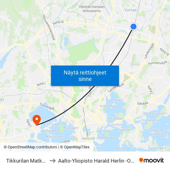 Tikkurilan Matkakeskus to Aalto-Yliopisto Harald Herlin -Oppimiskeskus map