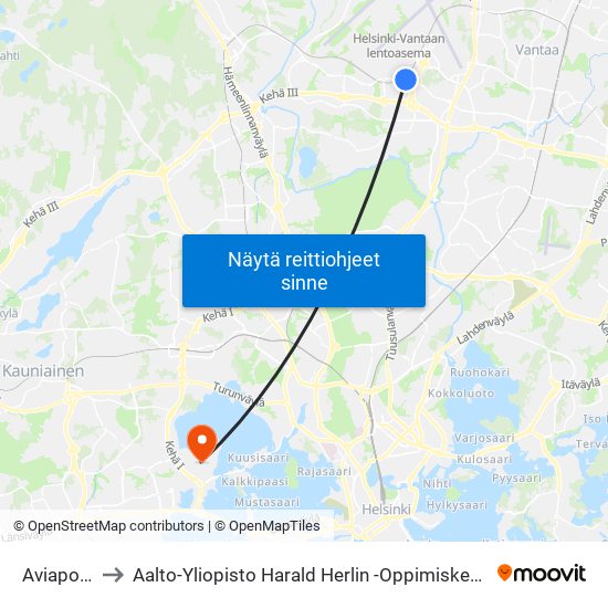 Aviapolis to Aalto-Yliopisto Harald Herlin -Oppimiskeskus map