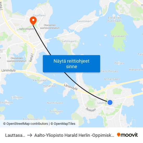 Lauttasaari to Aalto-Yliopisto Harald Herlin -Oppimiskeskus map