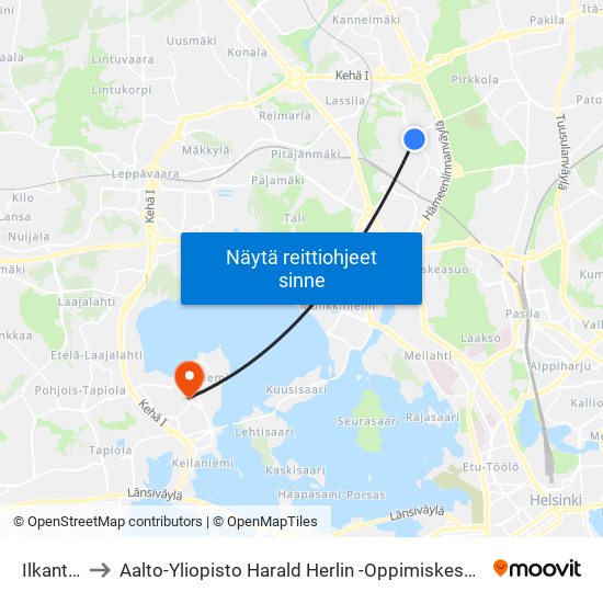 Ilkantie to Aalto-Yliopisto Harald Herlin -Oppimiskeskus map