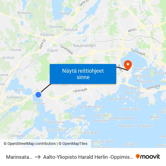 Marinsatama to Aalto-Yliopisto Harald Herlin -Oppimiskeskus map