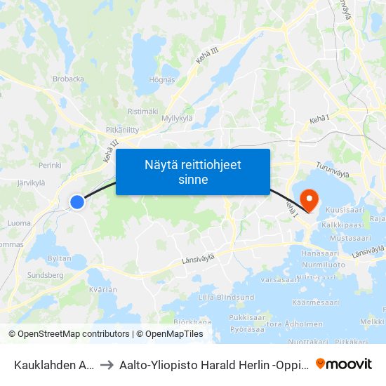 Kauklahden Asema to Aalto-Yliopisto Harald Herlin -Oppimiskeskus map