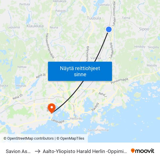 Savion Asema to Aalto-Yliopisto Harald Herlin -Oppimiskeskus map