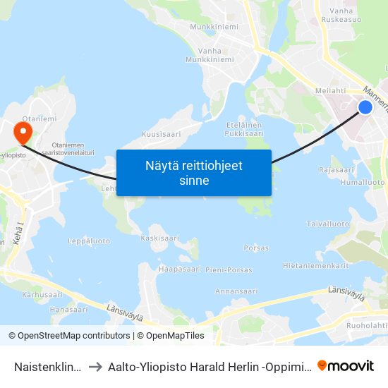 Naistenklinikka to Aalto-Yliopisto Harald Herlin -Oppimiskeskus map