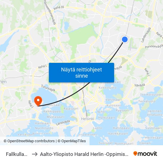 Fallkullantie to Aalto-Yliopisto Harald Herlin -Oppimiskeskus map