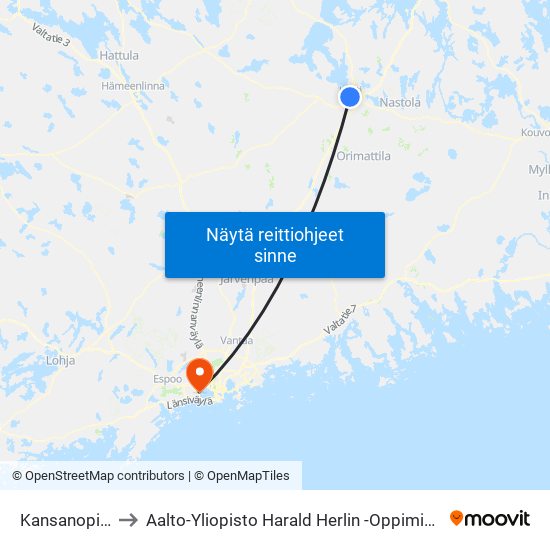 Kansanopisto to Aalto-Yliopisto Harald Herlin -Oppimiskeskus map