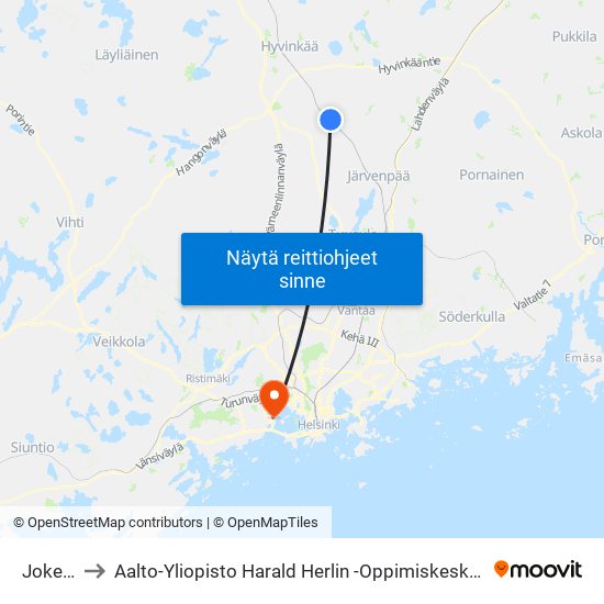 Jokela to Aalto-Yliopisto Harald Herlin -Oppimiskeskus map