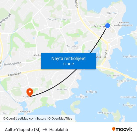 Aalto-Yliopisto (M) to Haukilahti map