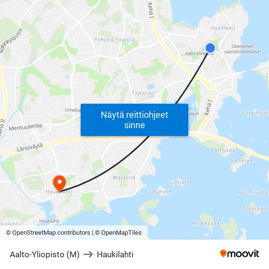 Aalto-Yliopisto (M) to Haukilahti map