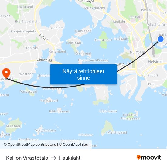 Kallion Virastotalo to Haukilahti map